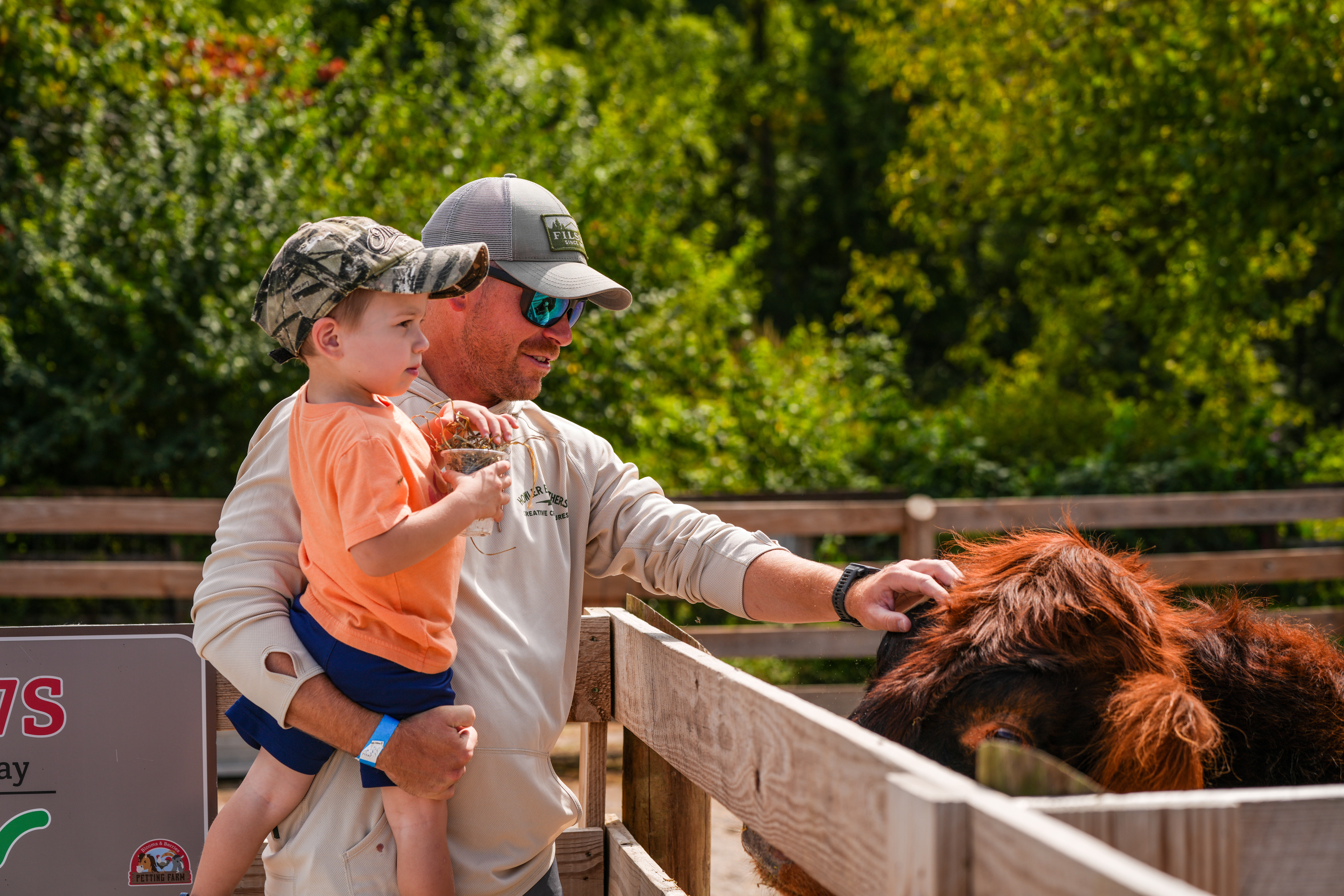 father and son feed farm animals at petting farm at Blooms and berries