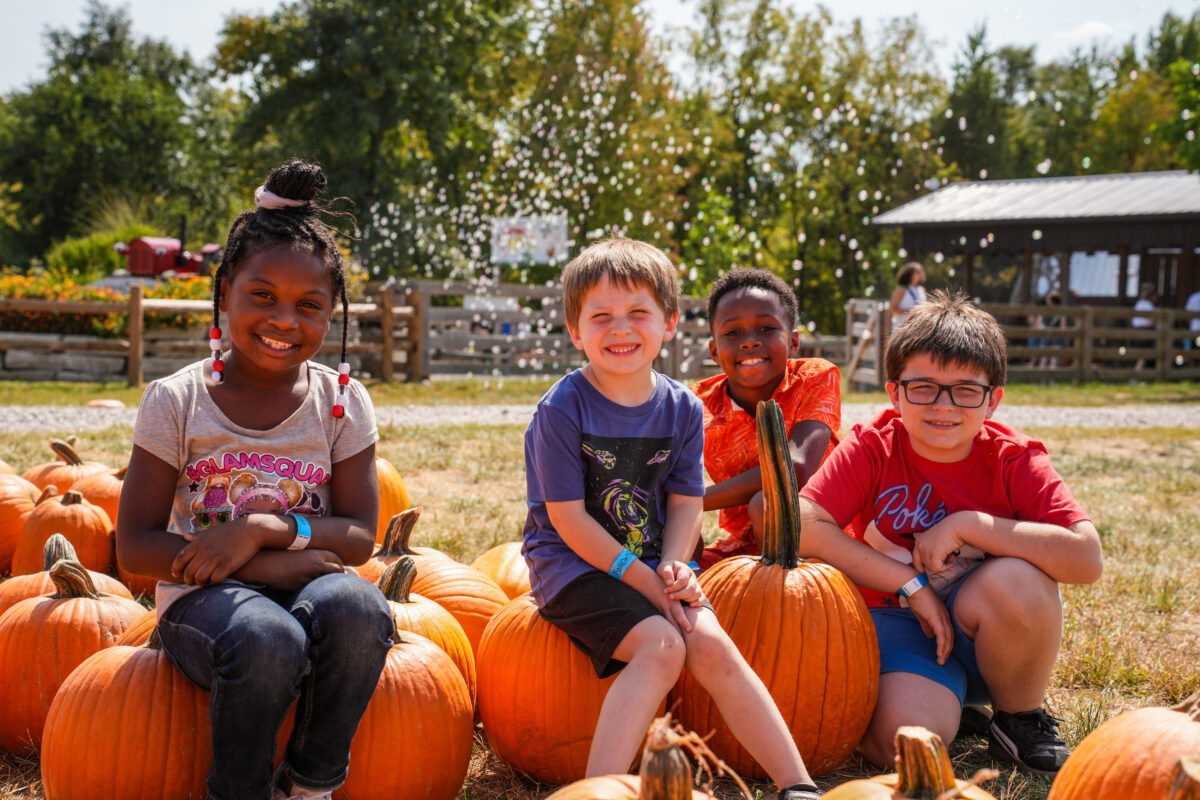 Children sitting with pumpkins at Blooms & Berries Farm